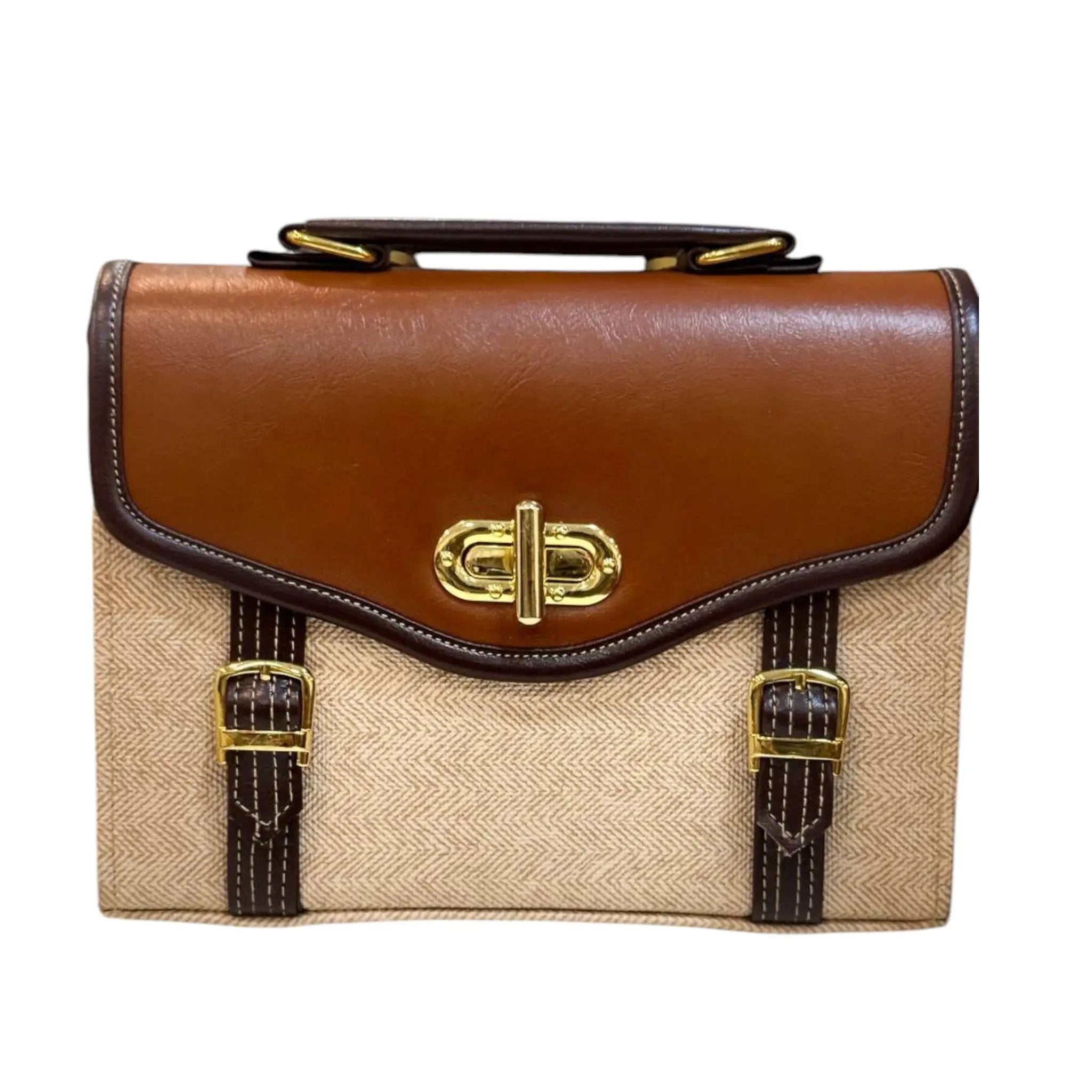 Canvas Leather Satchel – Vintage Brown Vegan Leather Bag With Gold Buckle by navichi