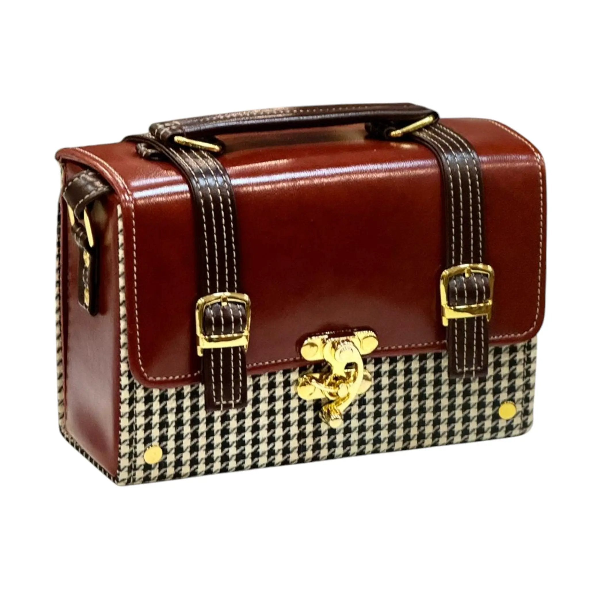 Vegan Leather Satchel – Handmade Brown Crossbody Bag With Gold Vintage Lock by navichi