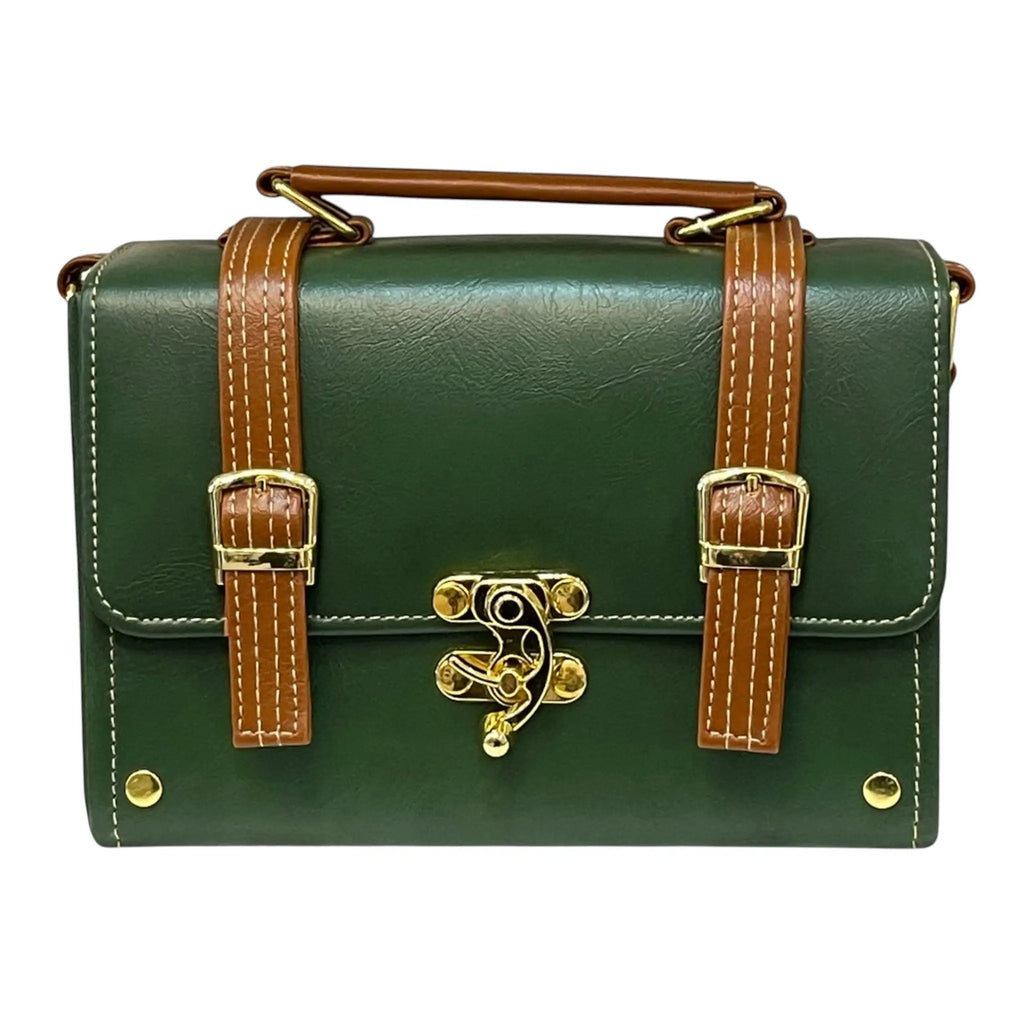 Vegan Leather Bag – Handmade Structured Box Bag With Forest Green & Caramel Brown by navichi