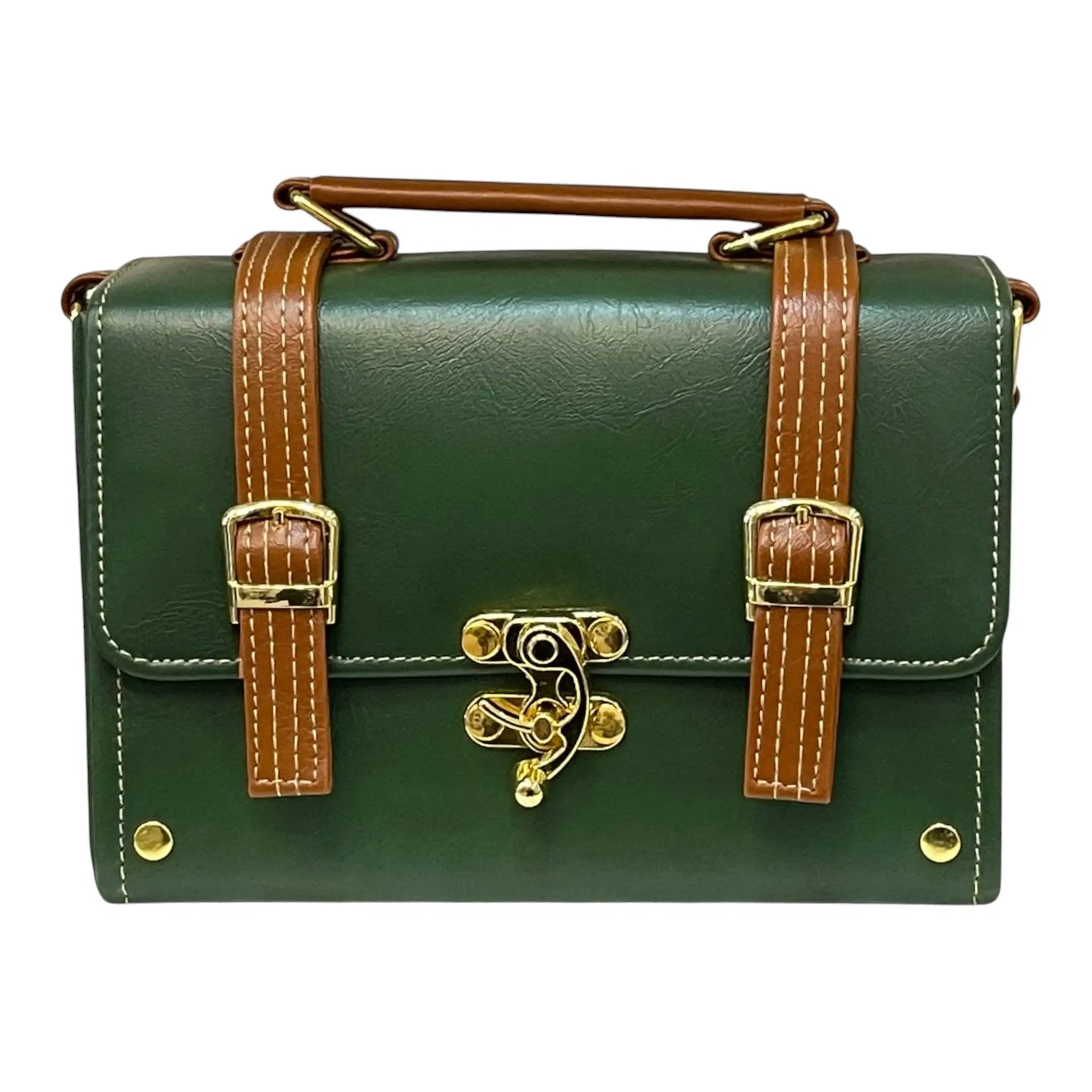 Vegan Leather Bag – Handmade Structured Box Bag With Forest Green & Caramel Brown by navichi