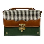 Vegan Leather Satchel – Handmade Houndstooth Crossbody Bag | Forest Green & Tan 21x14x9 cm by navichi