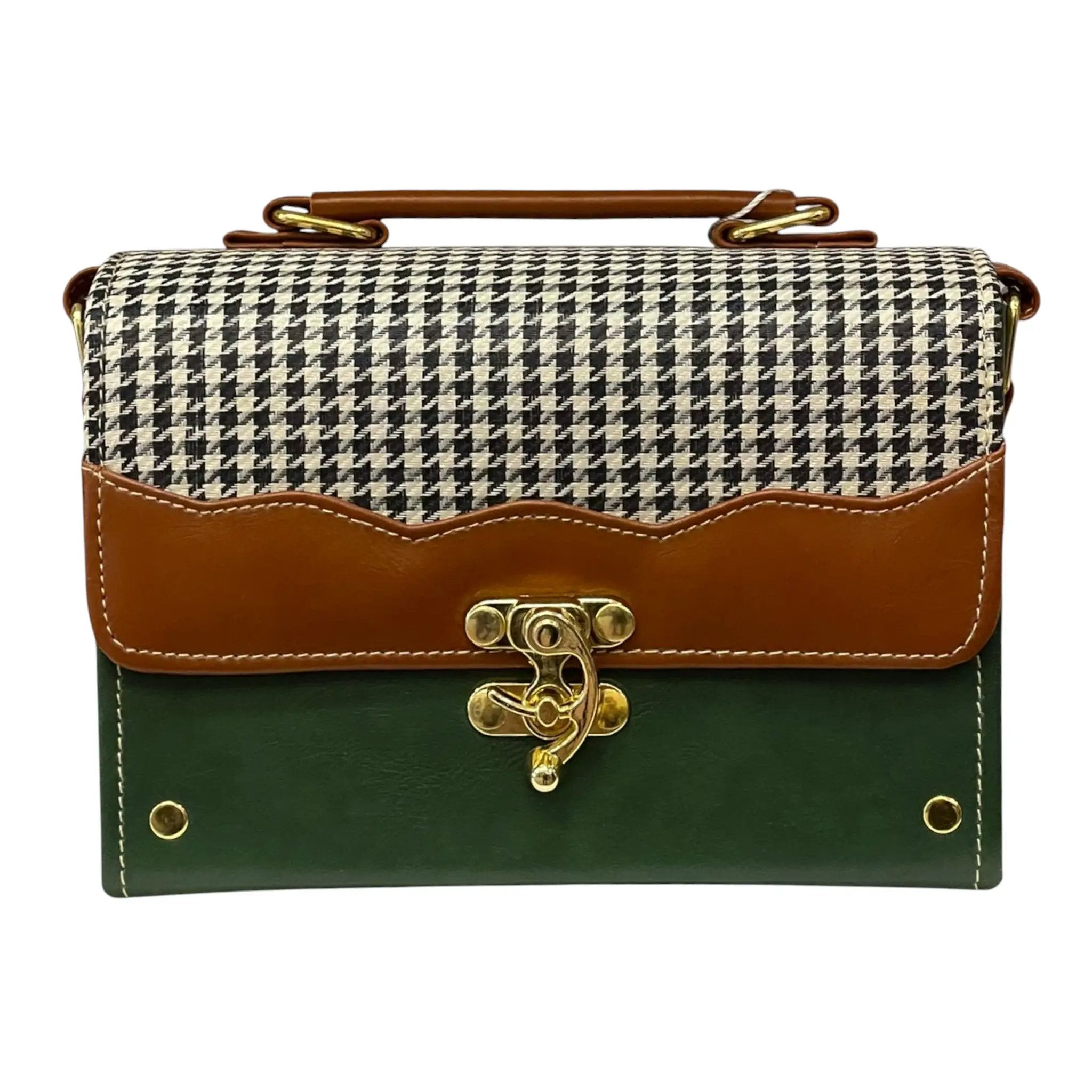 Vegan Leather Satchel – Handmade Houndstooth Crossbody Bag | Forest Green & Tan 21x14x9 cm by navichi