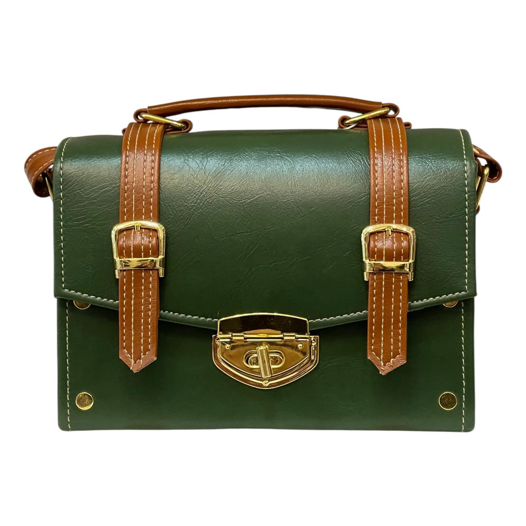 Vegan Leather Box Bag – Handmade Forest Green Purse with Gold Hardware | Structured Handbag by navichi